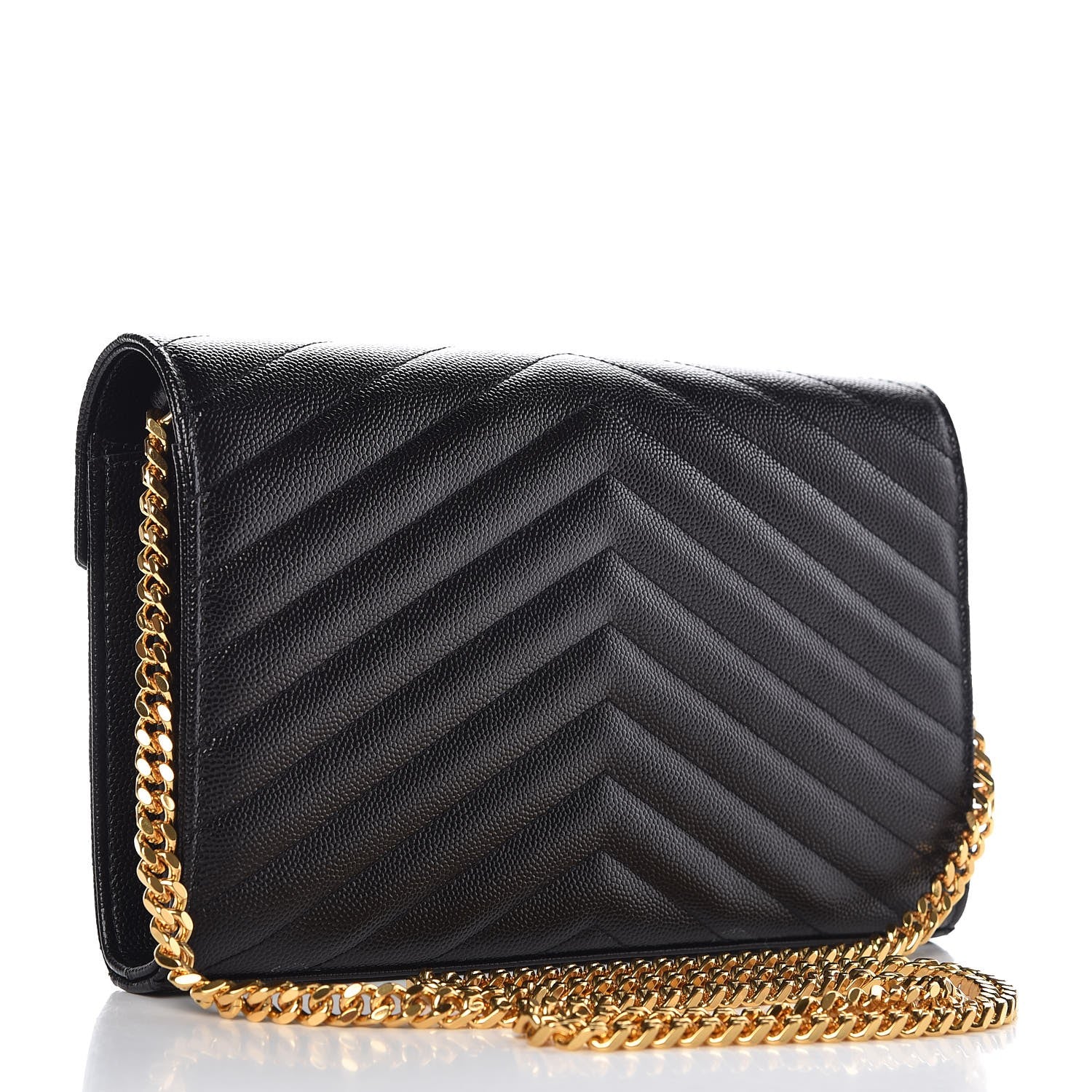 Saint Laurent Grain De Poudre Matelasse Chevron Monogram Chain Wallet Black 3 of 8