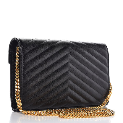 Saint Laurent Grain De Poudre Matelasse Chevron Monogram Chain Wallet Black 3 of 8