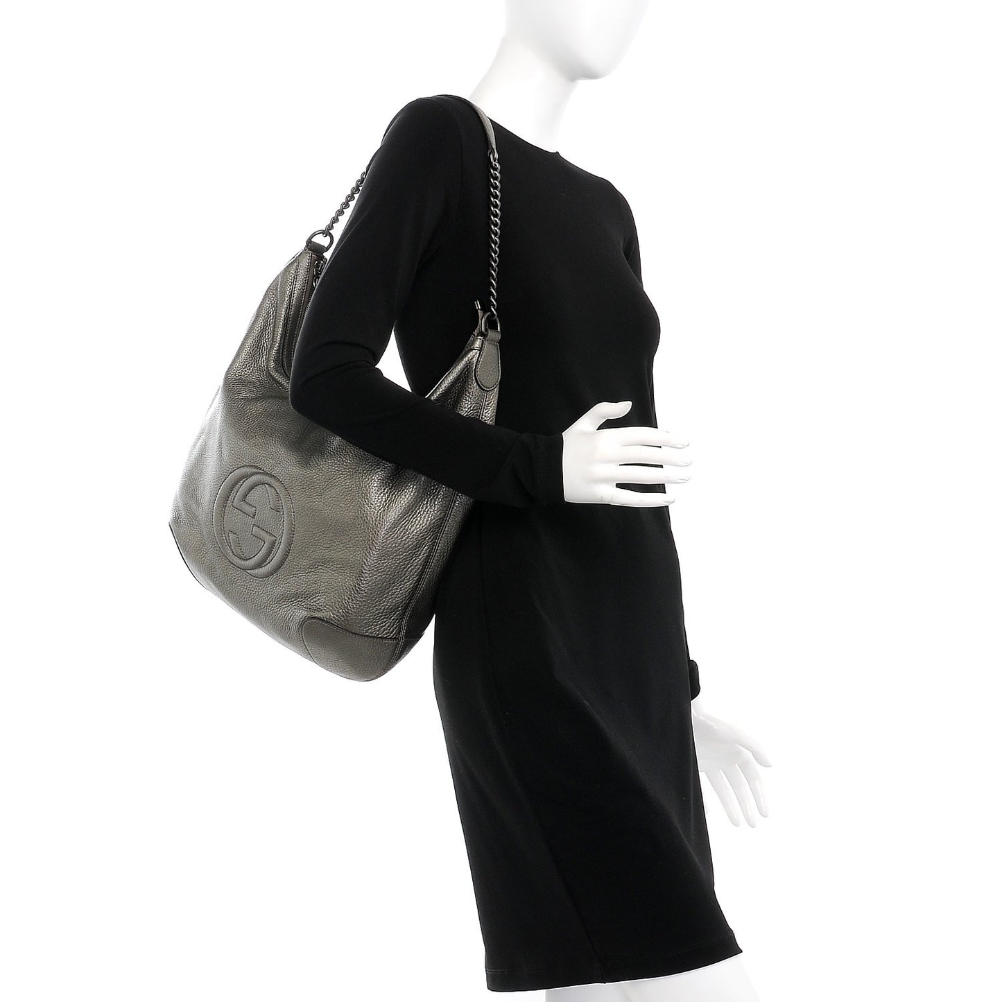 Metallic Pebbled Calfskin Medium Soho Chain Hobo Silver
