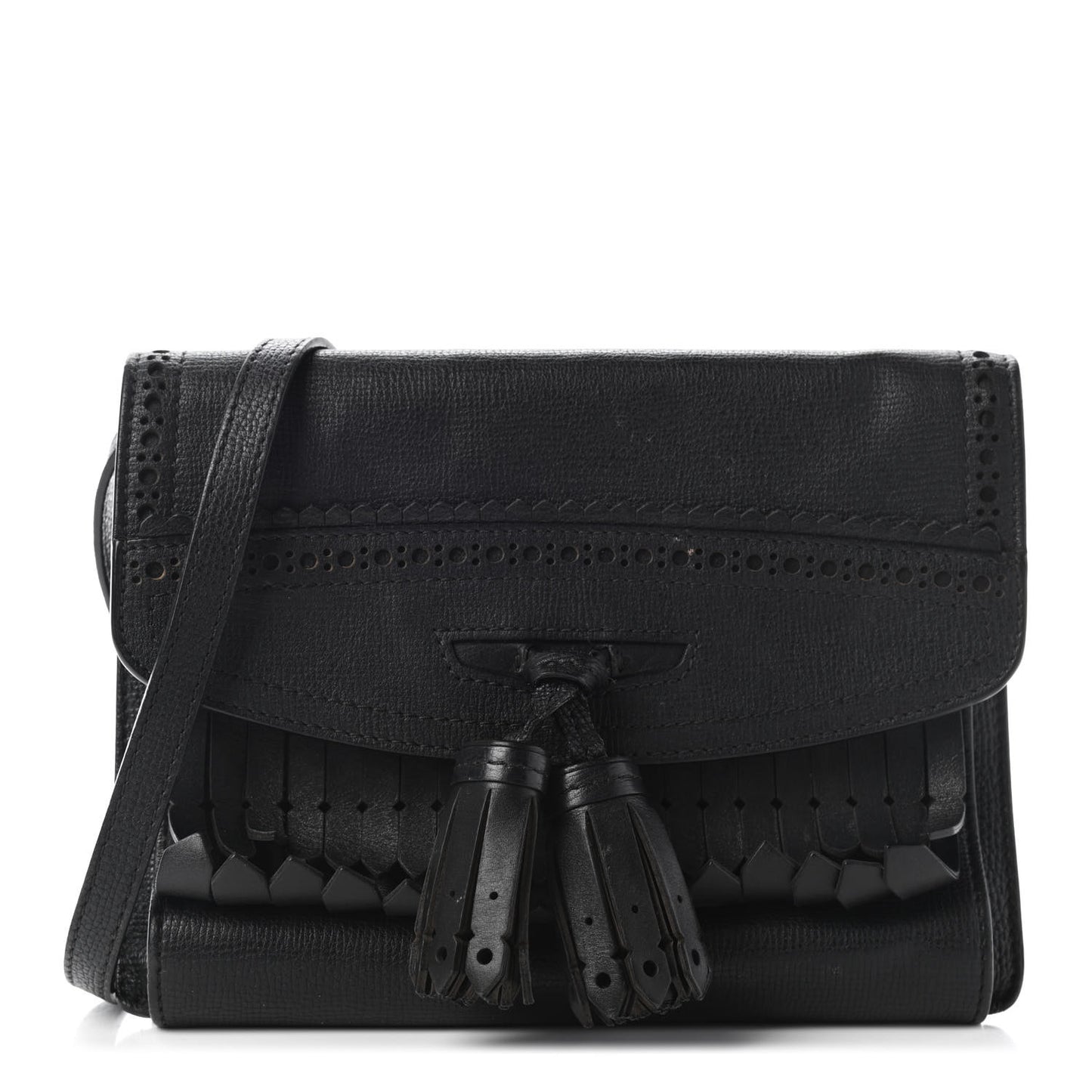Grainy Calfskin Broguing Tassel Macken Crossbody Bag Black