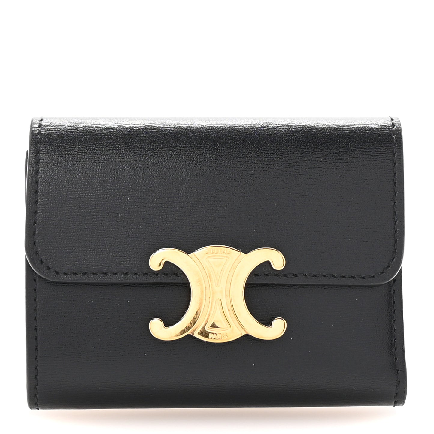 Shiny Calfskin Compact Triomphe Wallet With Coin Purse Black