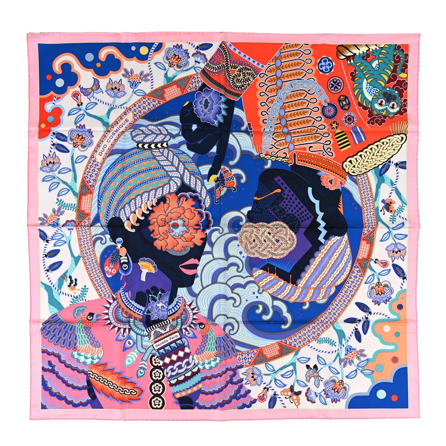 Hermes Silk Twill Duo Cosmique Scarf 90 Rose Pale Bleu Orange 1 of 5