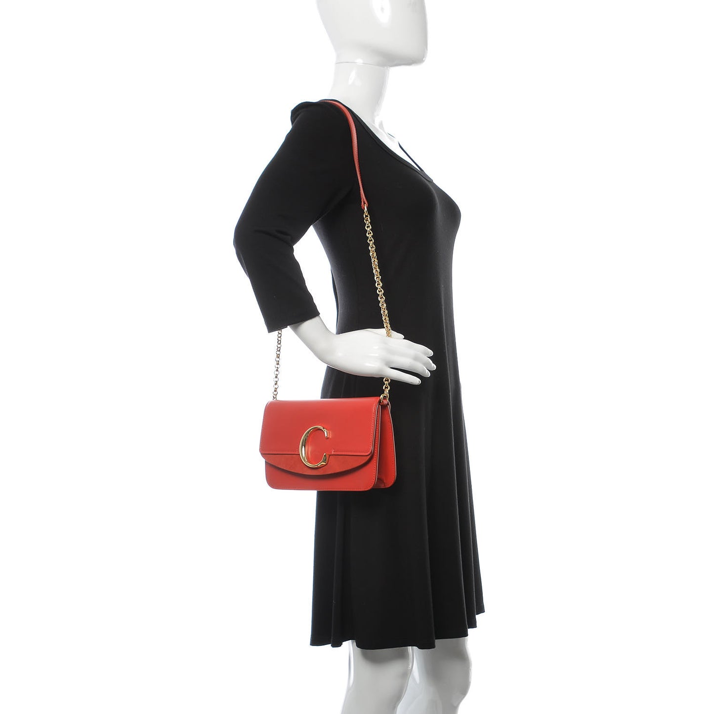 Calfskin Suede C Clutch With Chain Plaid Red