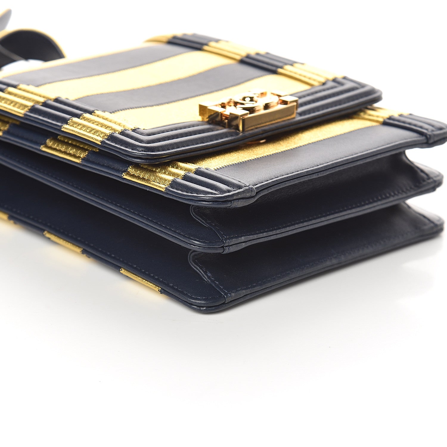 Chanel Metallic Lambskin Striped North South Boy Flap Navy Gold 7 of 8