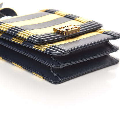 Chanel Metallic Lambskin Striped North South Boy Flap Navy Gold 7 of 8