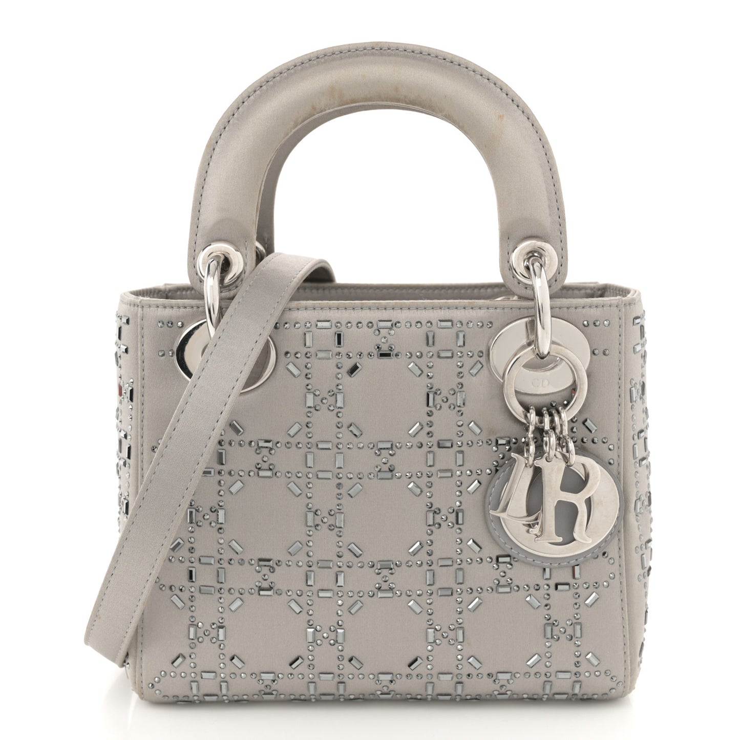 Satin Crystal Cannage Mini Lady Dior Gray