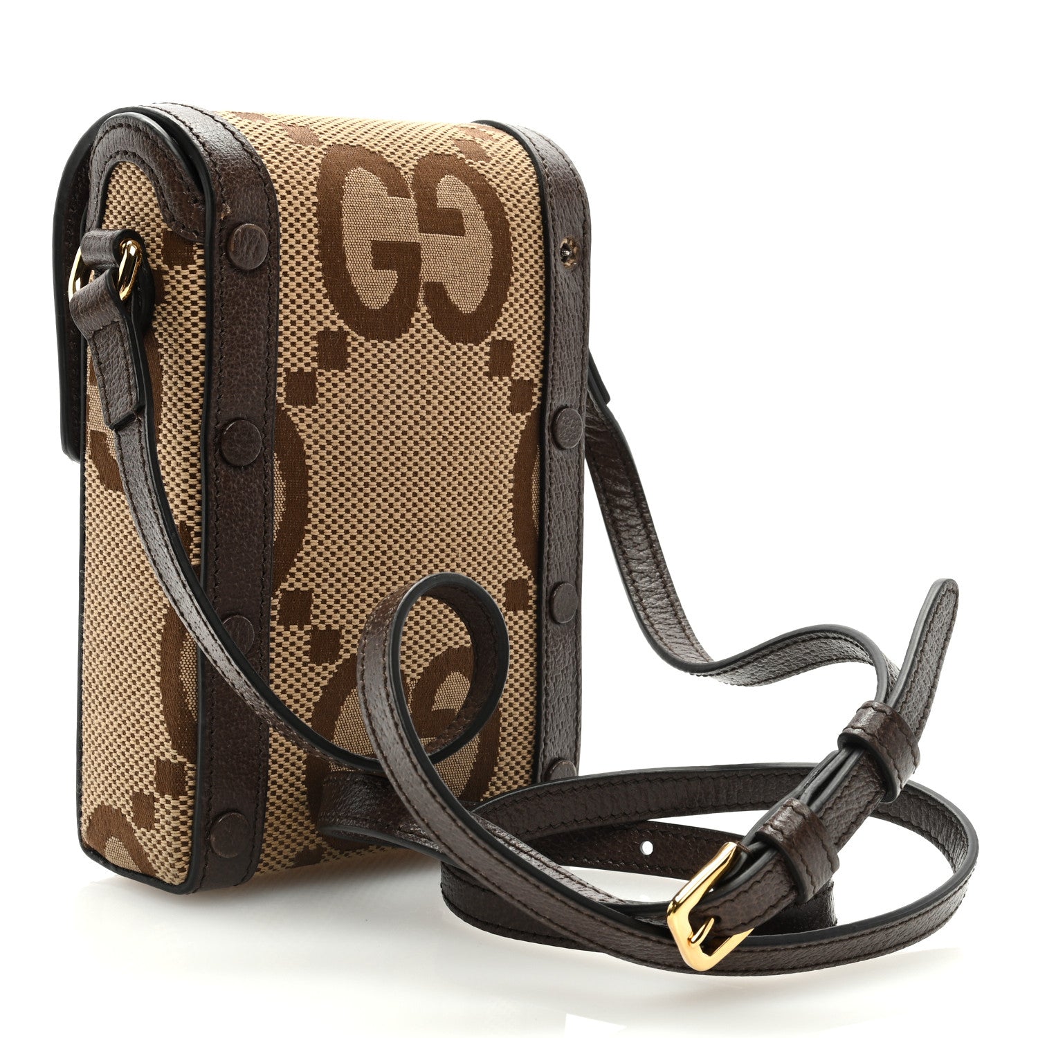 Gucci Monogram Jumbo GG Textured Dollar Calfskin Mini Horsebit 1955 Crossbody Bag Camel Ebony New Acero 2 of 9