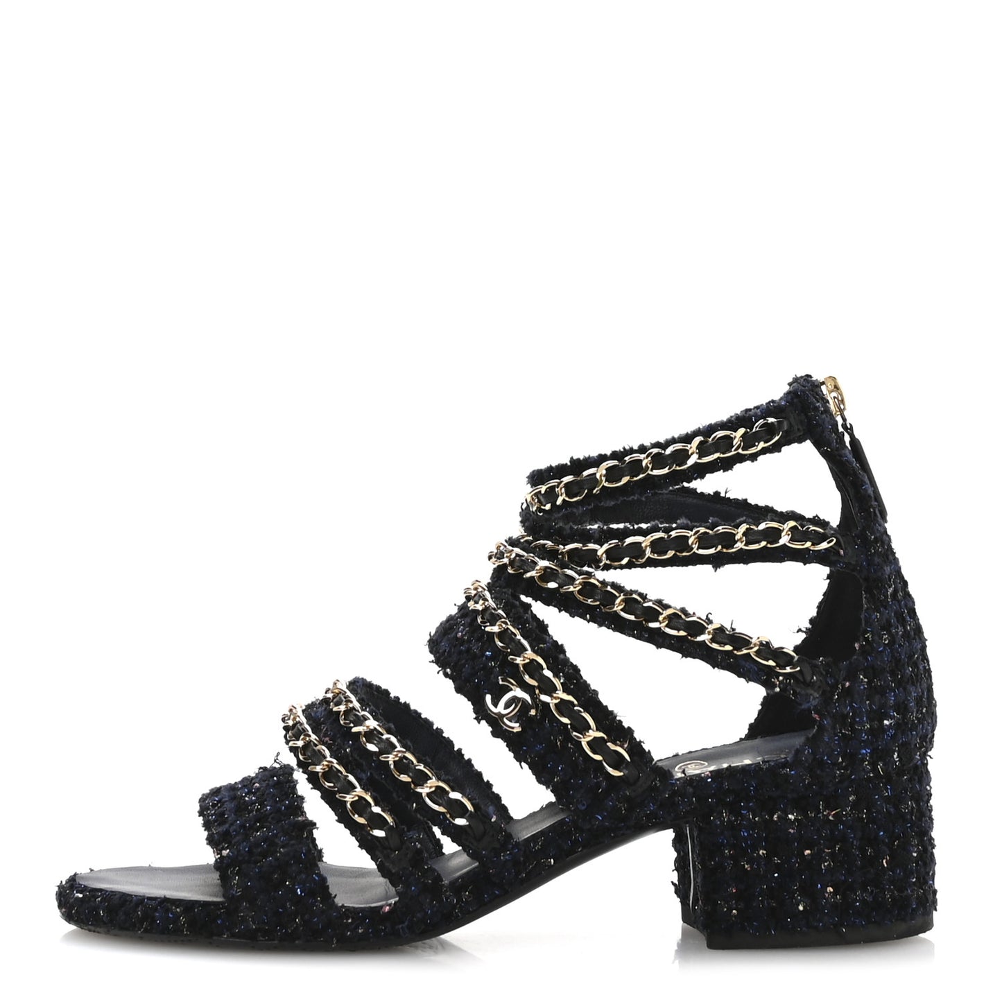 Metallic Tweed Gladiator Chain Sandals 39 Navy Bronze