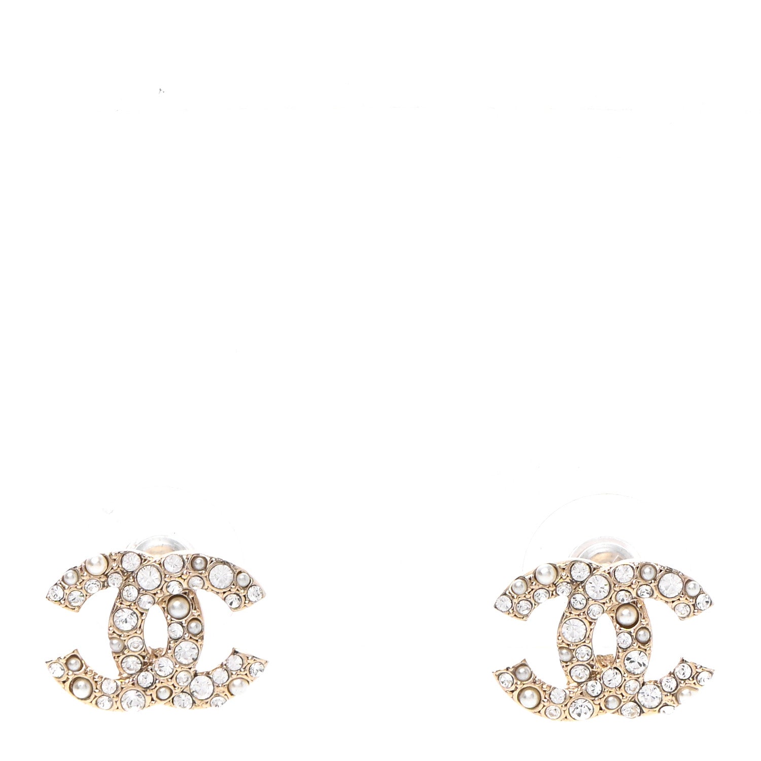 Chanel Crystal Pearl Caviar CC Stud Earrings Gold 1 of 5