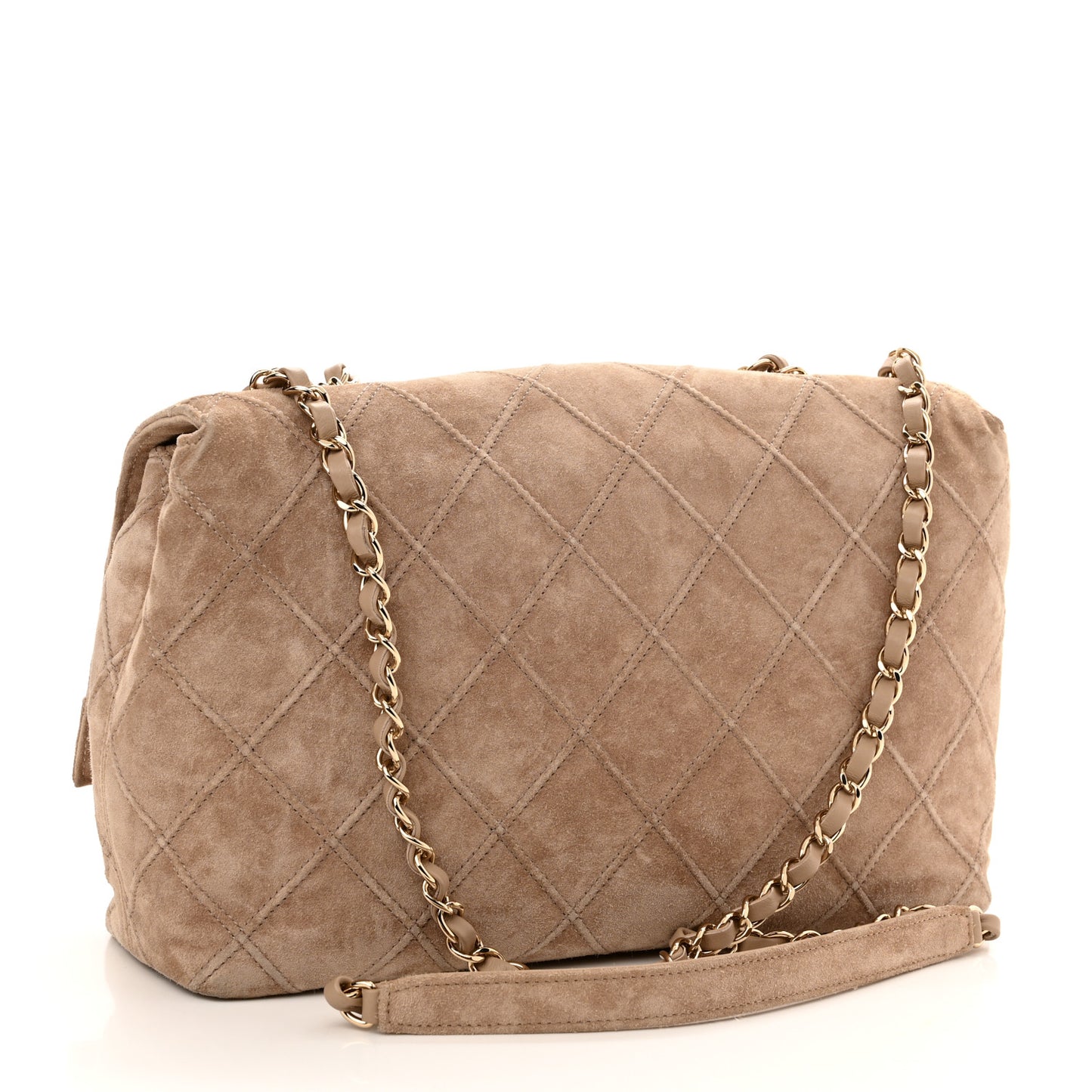 Suede Quilted Stitched Chain Medium Flap Beige