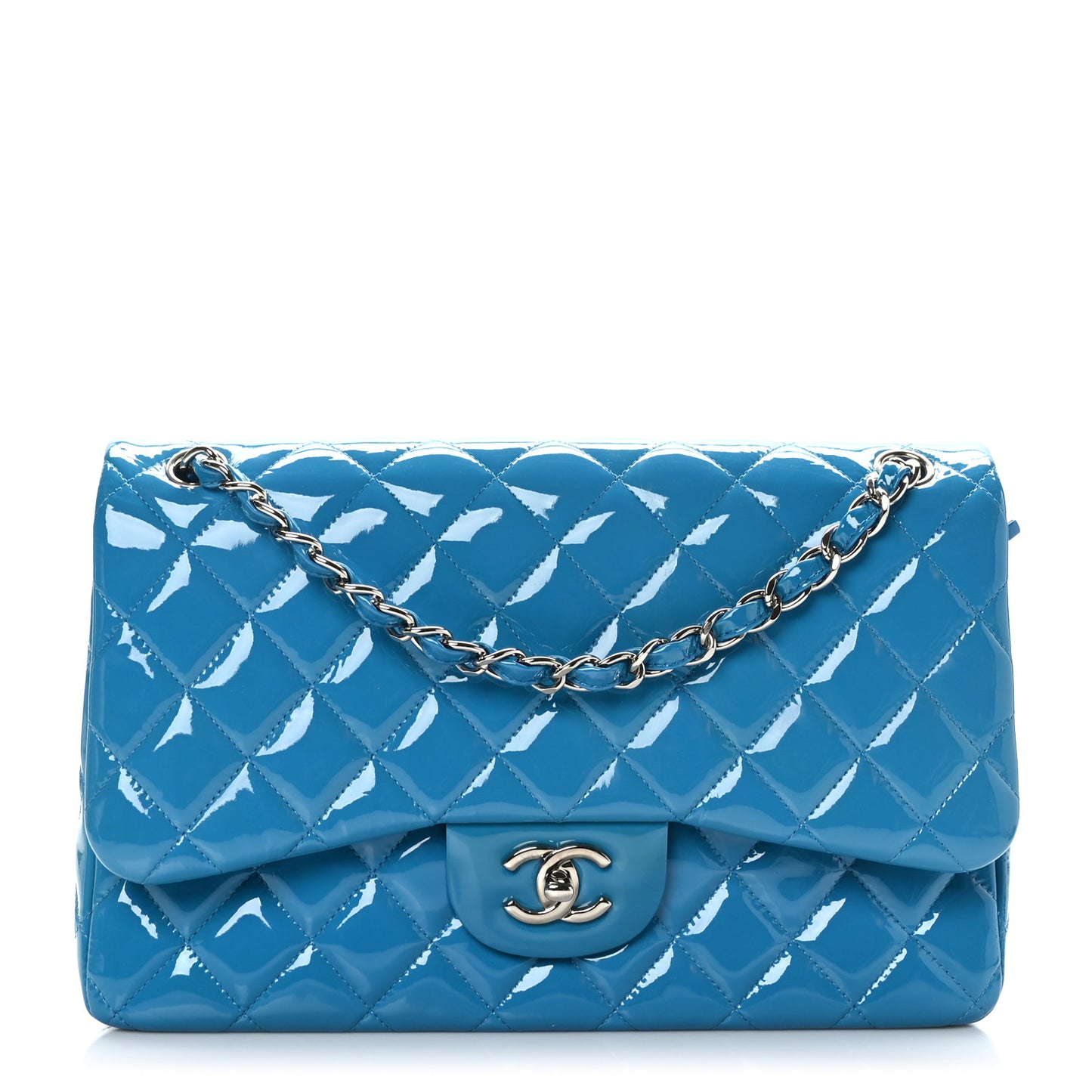 Patent Calfskin Quilted Jumbo Double Flap Turquoise