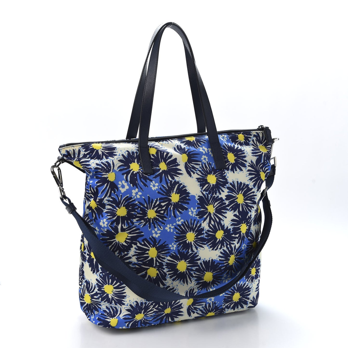 Tessuto Nylon Saffiano Floral Print Tote Bluette Dis Primule