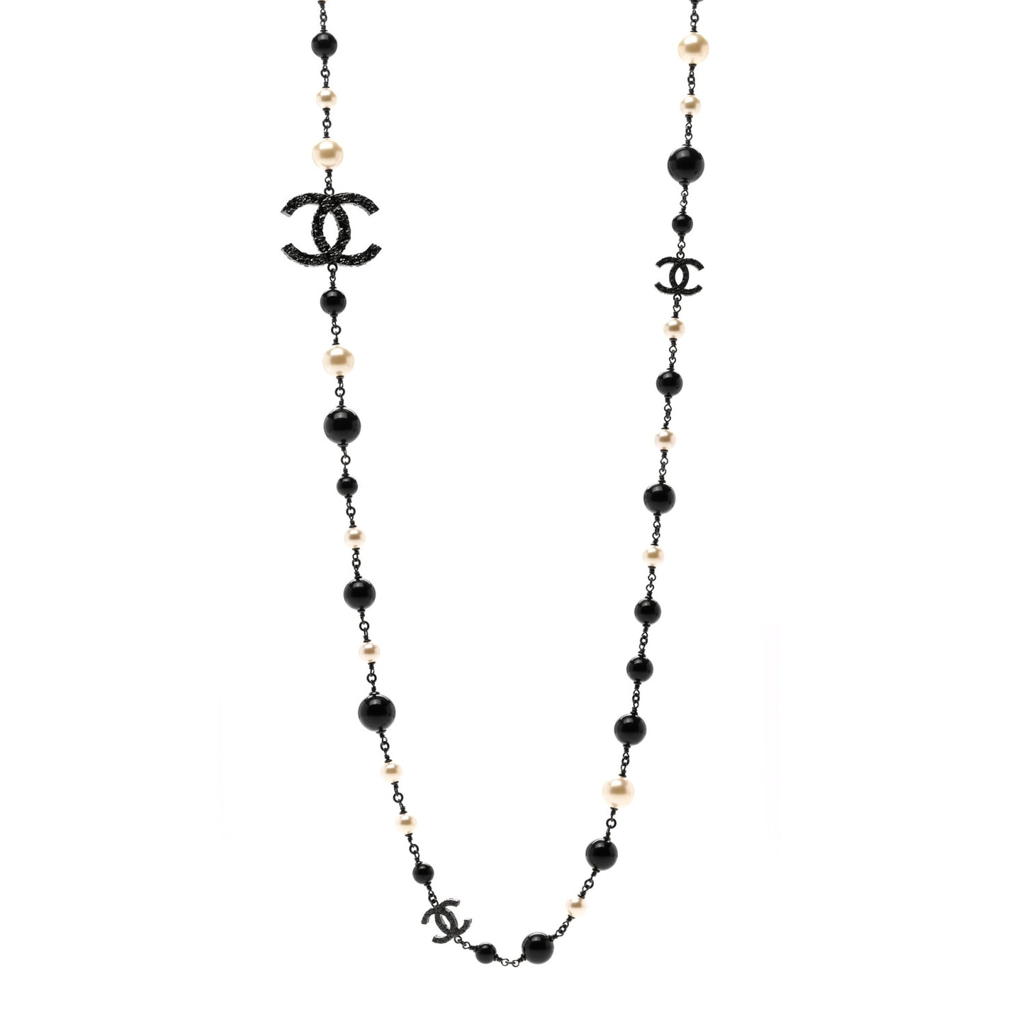 Pearl Beaded CC Long Necklace Black