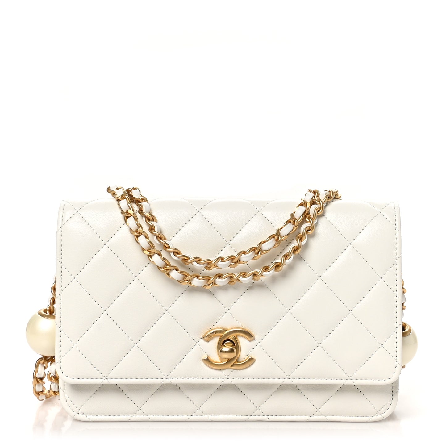 Lambskin Quilted Pearl Wallet On Chain WOC White