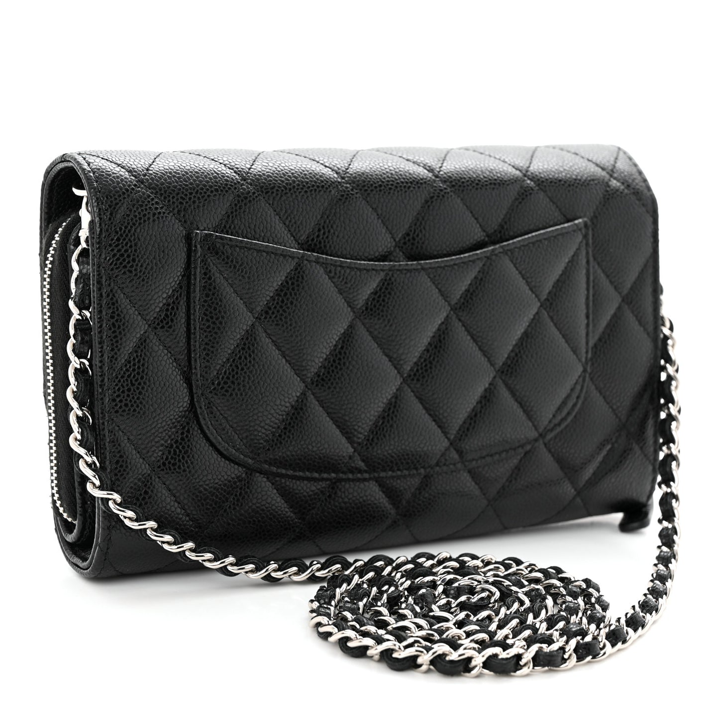 Caviar Quilted Phone Holder Wallet on Removable Chain Black