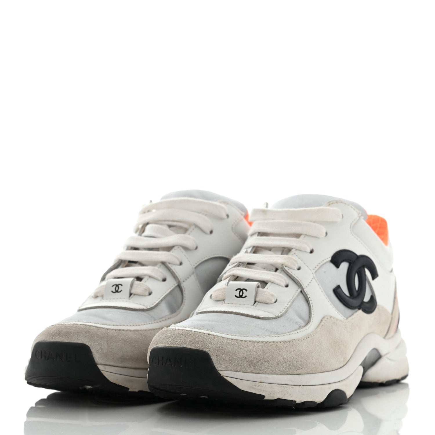 Chanel Nylon Calfskin Suede CC Womens Sneakers 37 White Orange 3 of 25