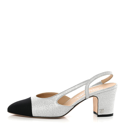 Chanel Metallic Lambskin Grosgrain Cap Toe CC Slingback Sandals 37.5 Black Silver 1 of 14