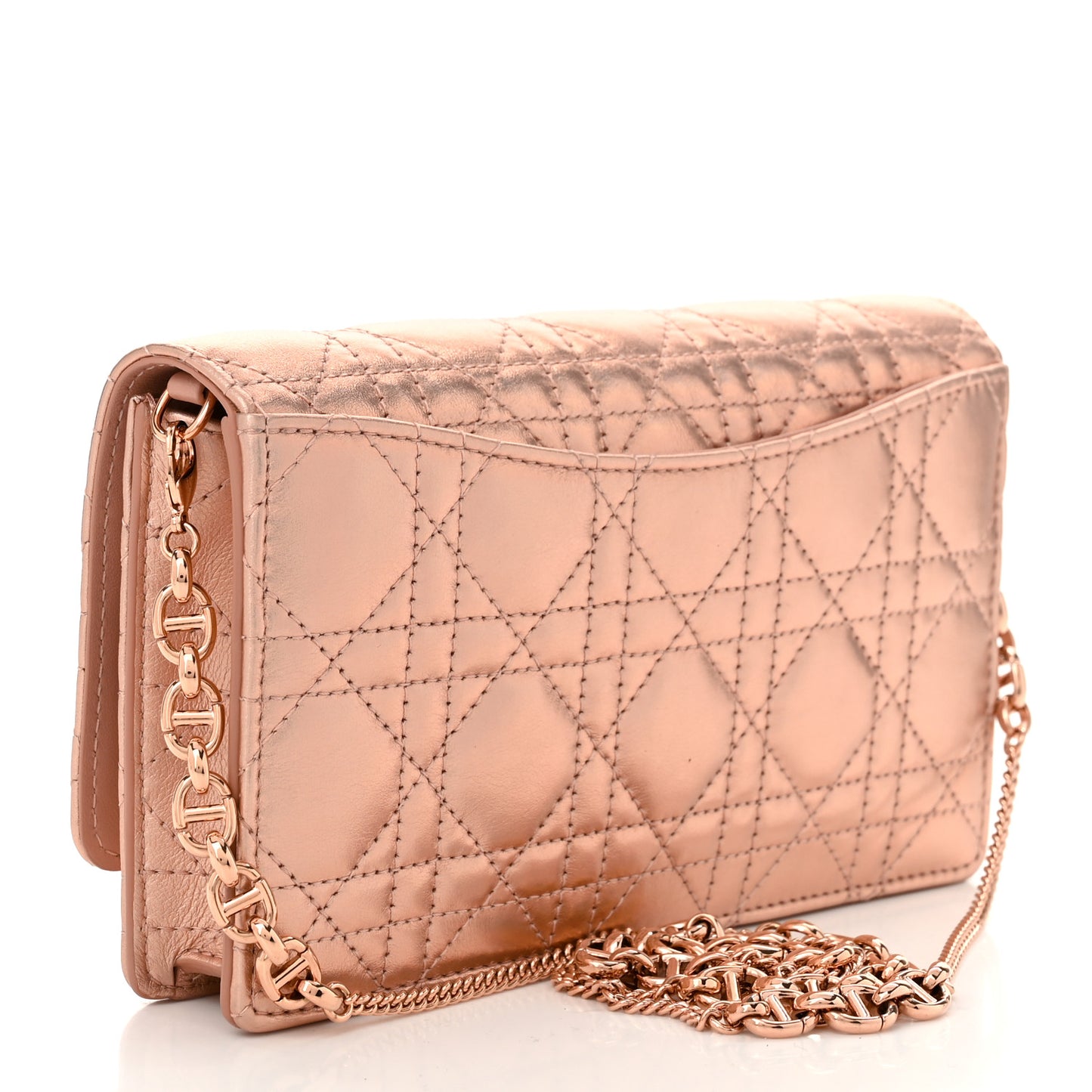 Iridescent Metallic Lambskin Cannage Caro Pouch with Chain Pink