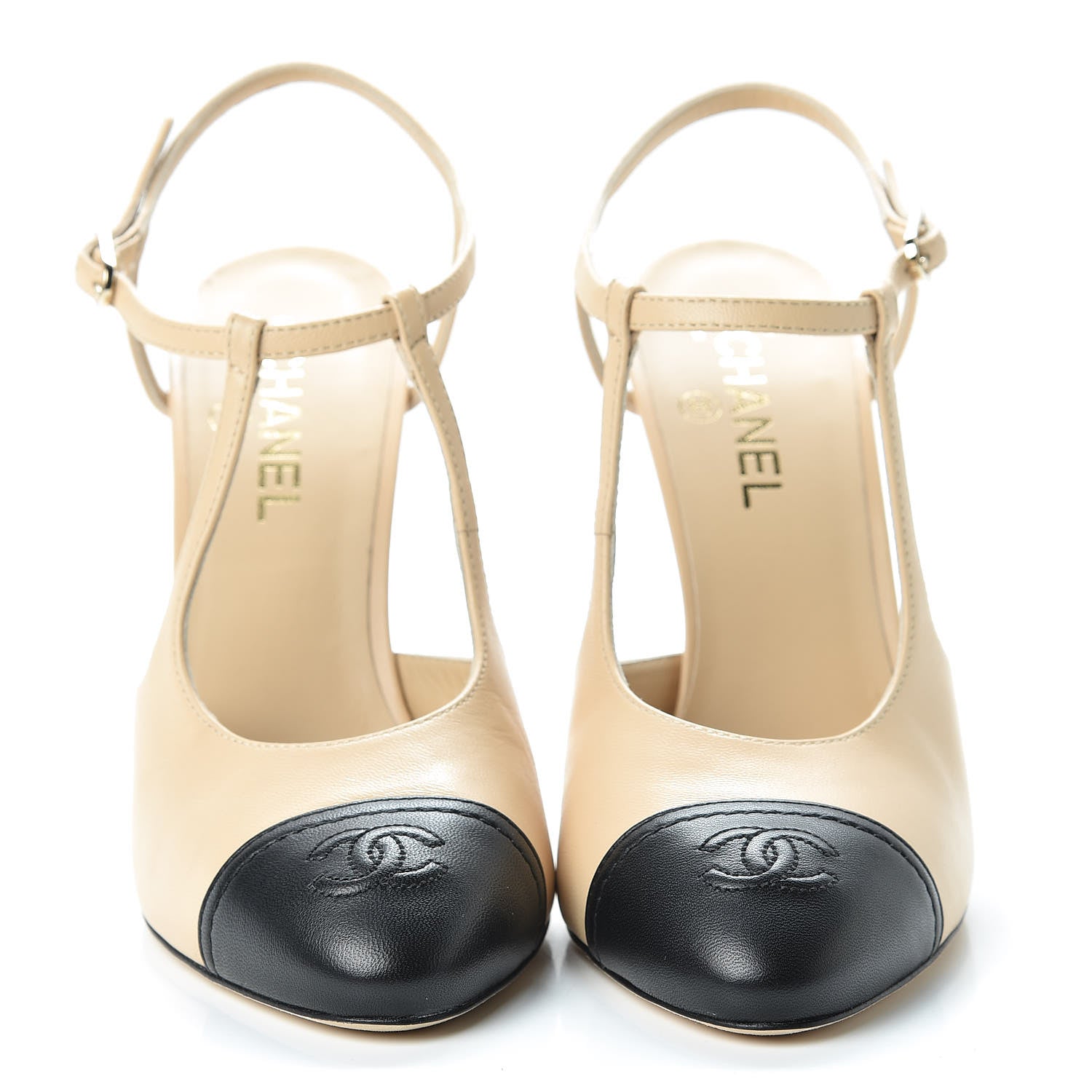 Chanel Lambskin Cap Toe CC Slingback Pumps 41.5 Beige Black 2 of 11