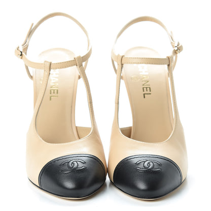Chanel Lambskin Cap Toe CC Slingback Pumps 41.5 Beige Black 2 of 11