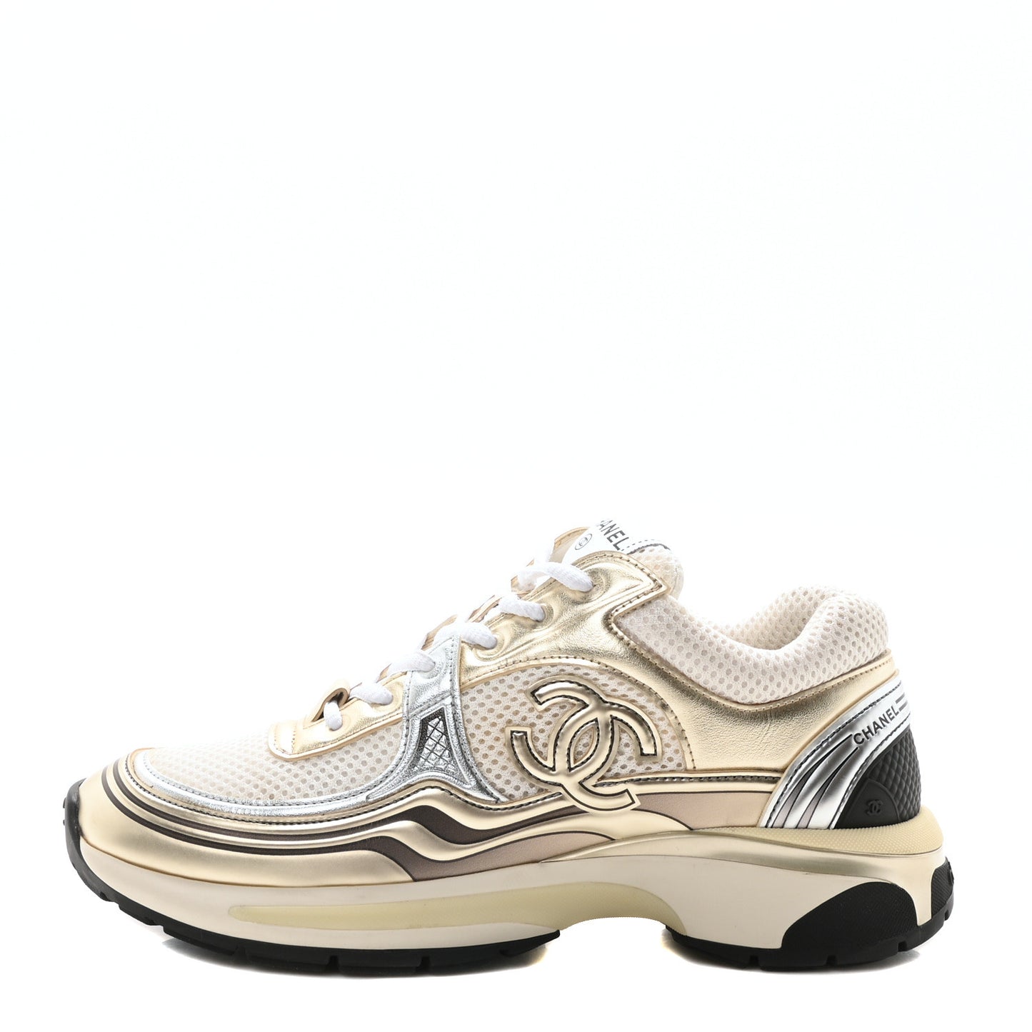 Fabric Laminated Calfskin Stretch CC Womens Sneakers 37.5 White Gold Silver