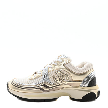 Chanel Fabric Laminated Calfskin Stretch CC Womens Sneakers 37.5 White Gold Silver 1 of 9