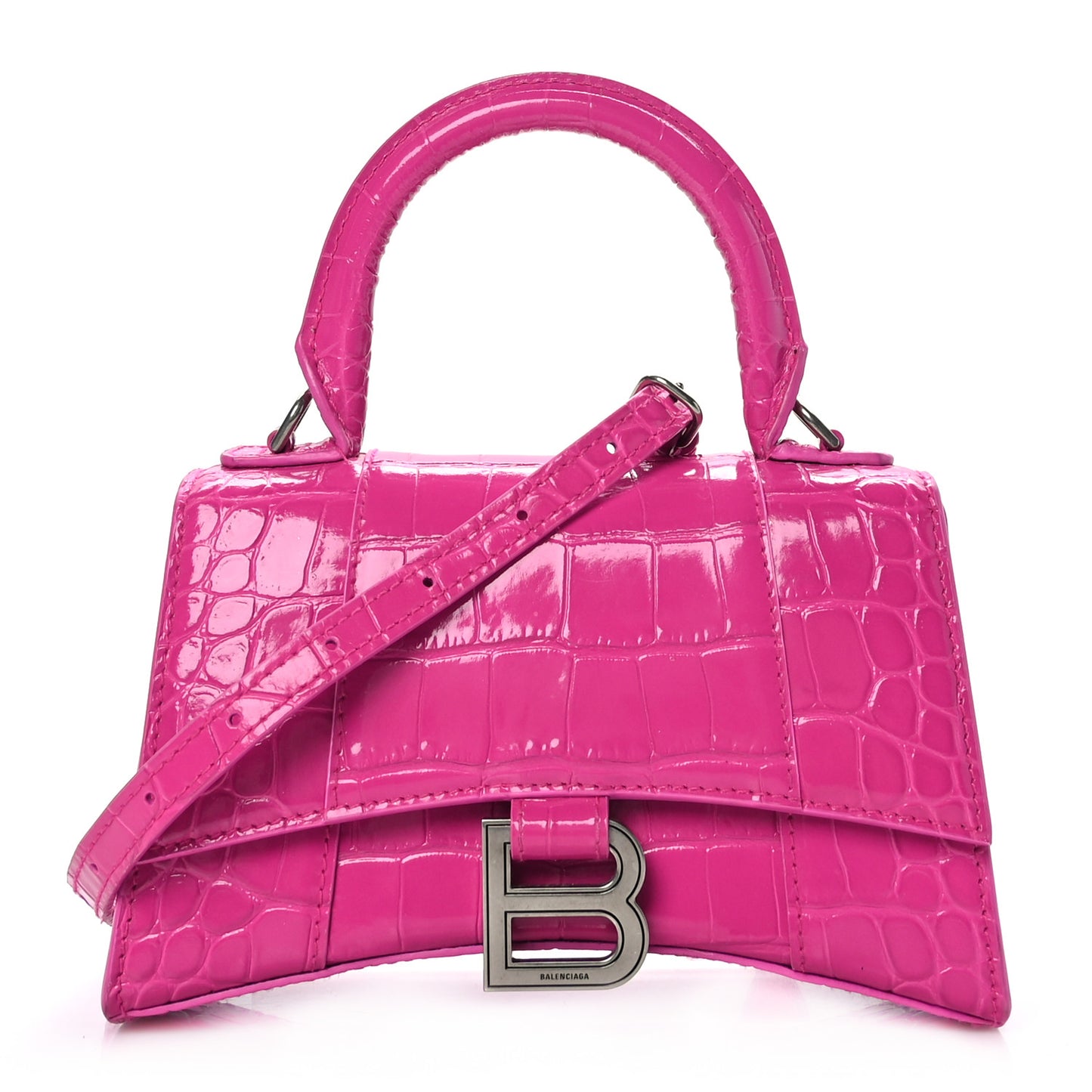 Shiny Calfskin Crocodile Embossed Hourglass Top Handle Bag XS Lipstick Pink