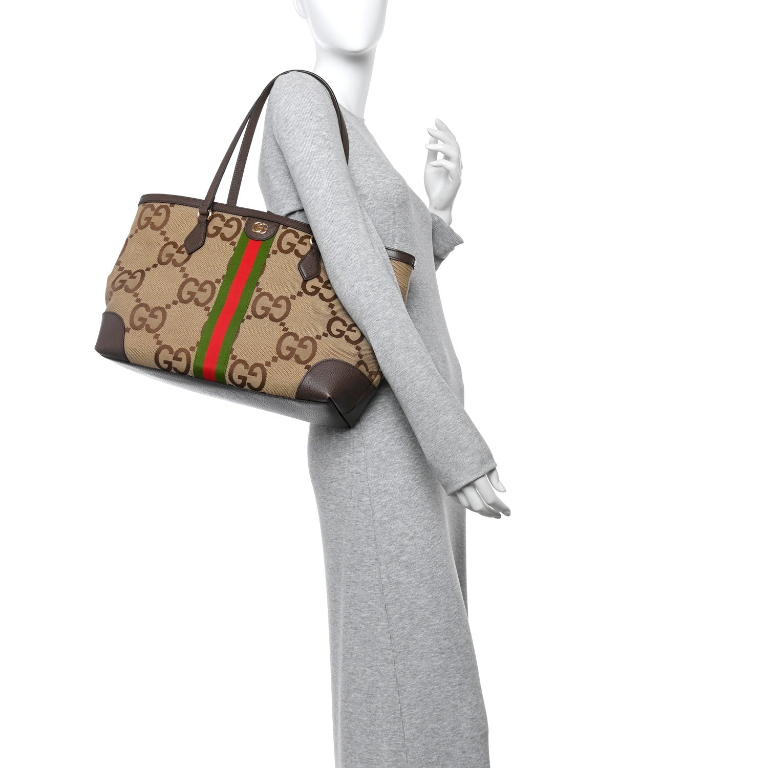 Gucci Monogram Jumbo GG Textured Dollar Calfskin Web Medium Ophidia Shopping Tote Camel Ebony 2 of 12
