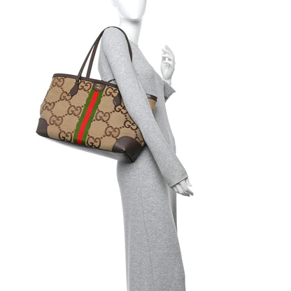 Gucci Monogram Jumbo GG Textured Dollar Calfskin Web Medium Ophidia Shopping Tote Camel Ebony 2 of 12