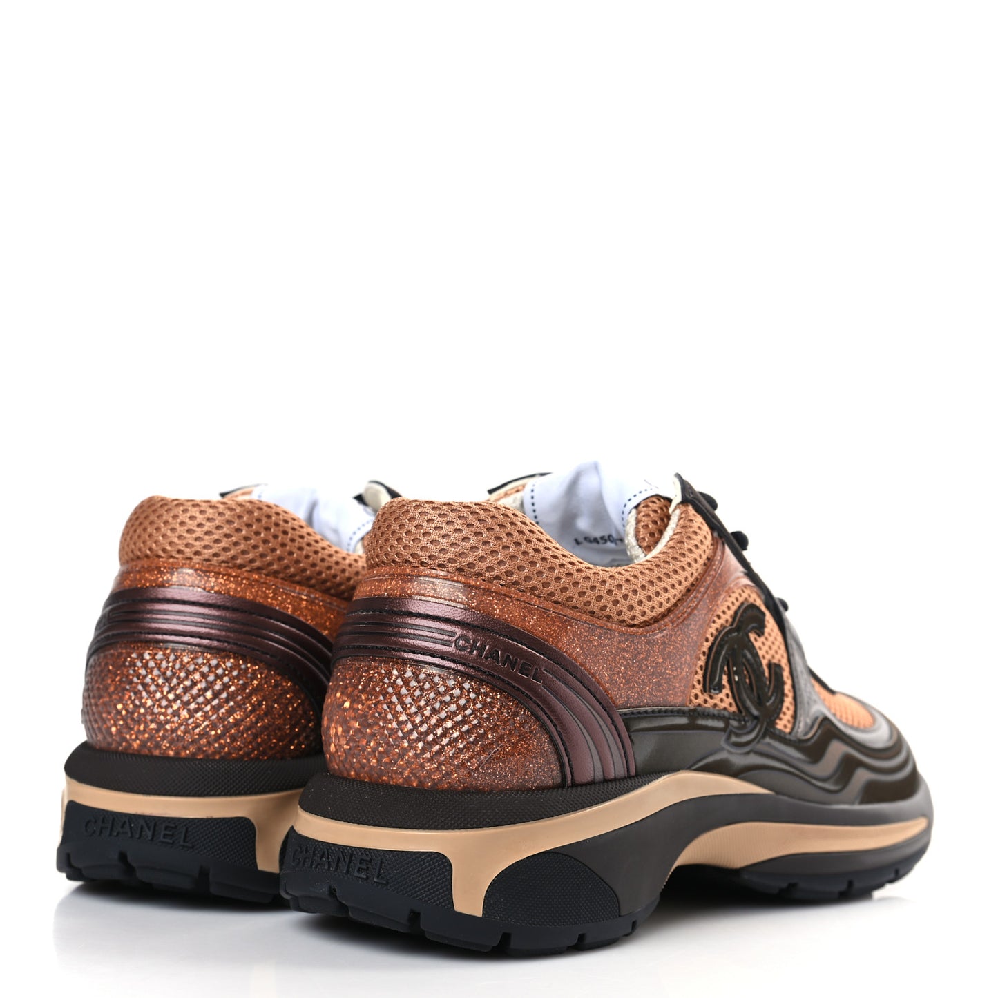 Fabric Laminated Calfskin Stretch CC Womens Sneakers 39 Brown Dark Grey