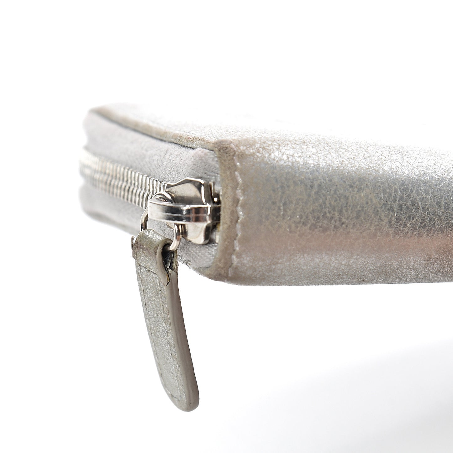 Metallic Calfskin Large Zip Around Wallet Silver
