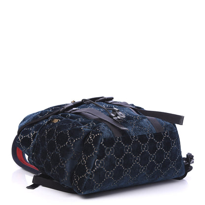 Gucci Velvet GG Monogram Web Medium Double Buckle Backpack Blue Beige Black 3 of 9