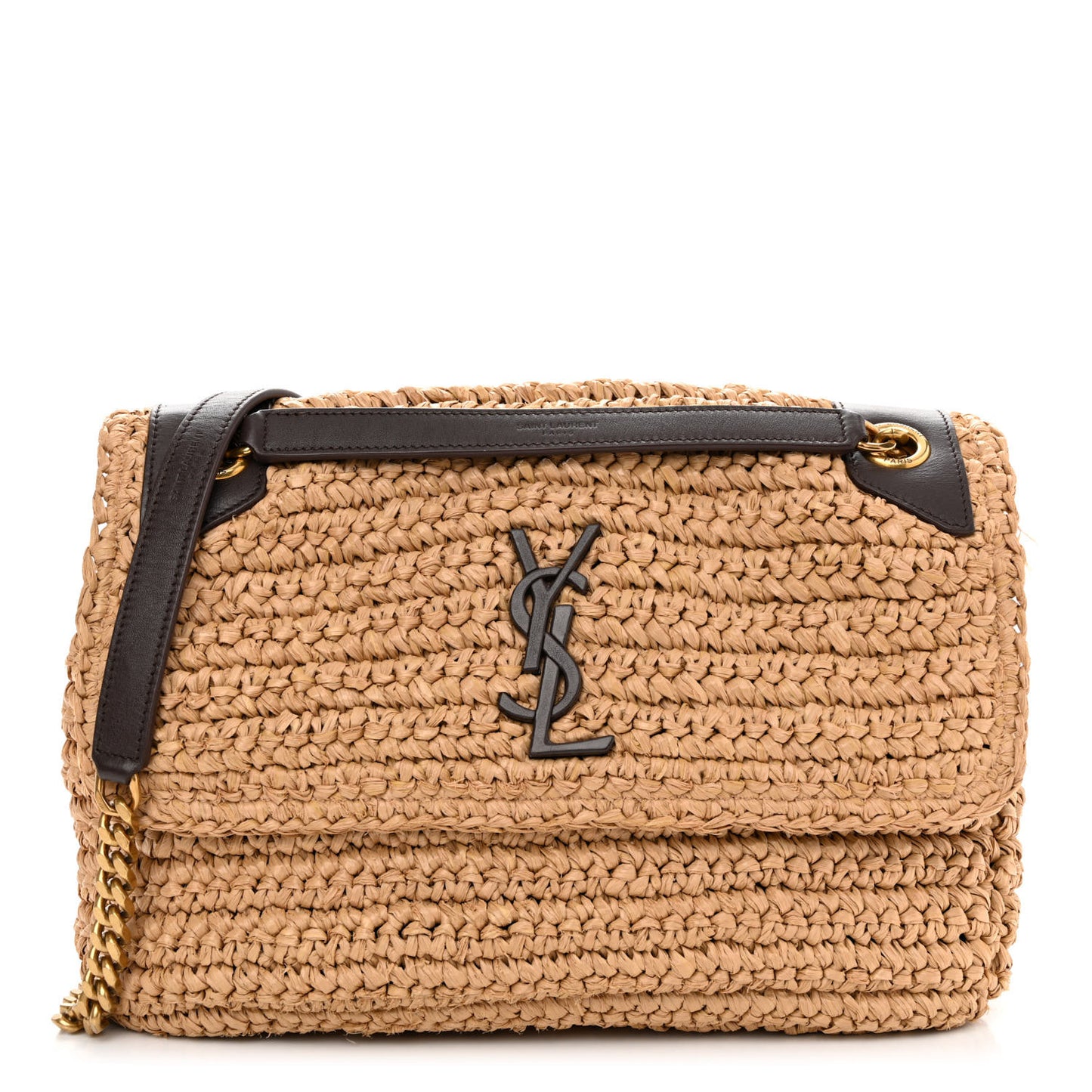 Raffia Calfskin Monogram Medium Niki Chain Satchel Natural