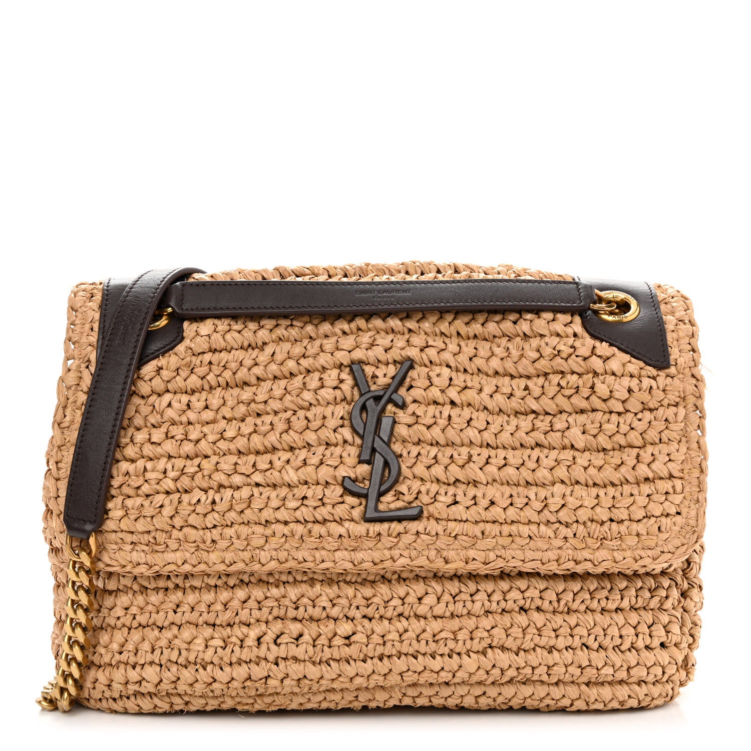 Saint Laurent Raffia Calfskin Monogram Medium Niki Chain Satchel Natural 1 of 13