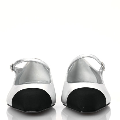 Chanel Laminated Calfskin Grosgrain Mary Janes Flats 37 Silver Black 2 of 12