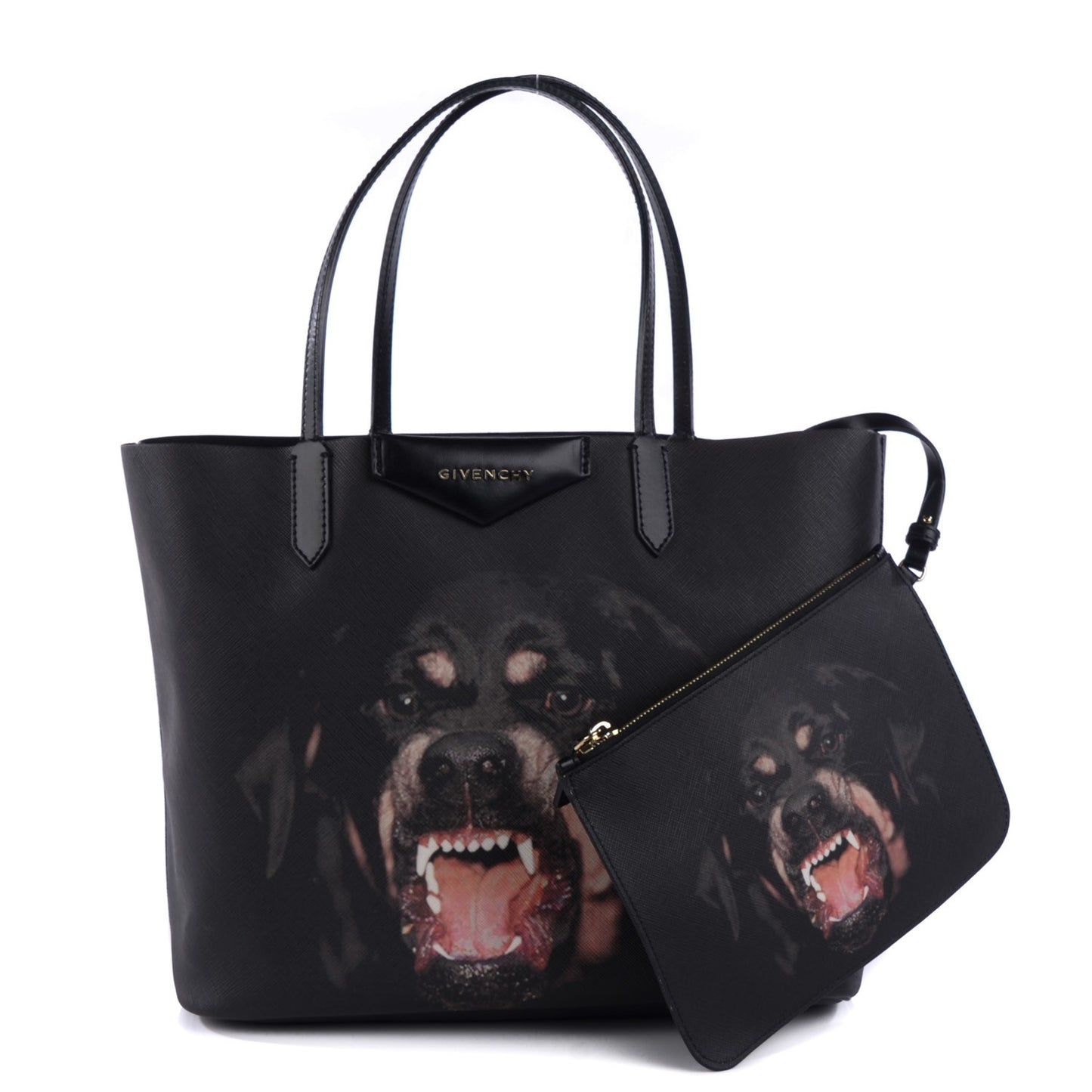 Textured Coated Canvas Rottweiler Print Medium Antigona Tote Black