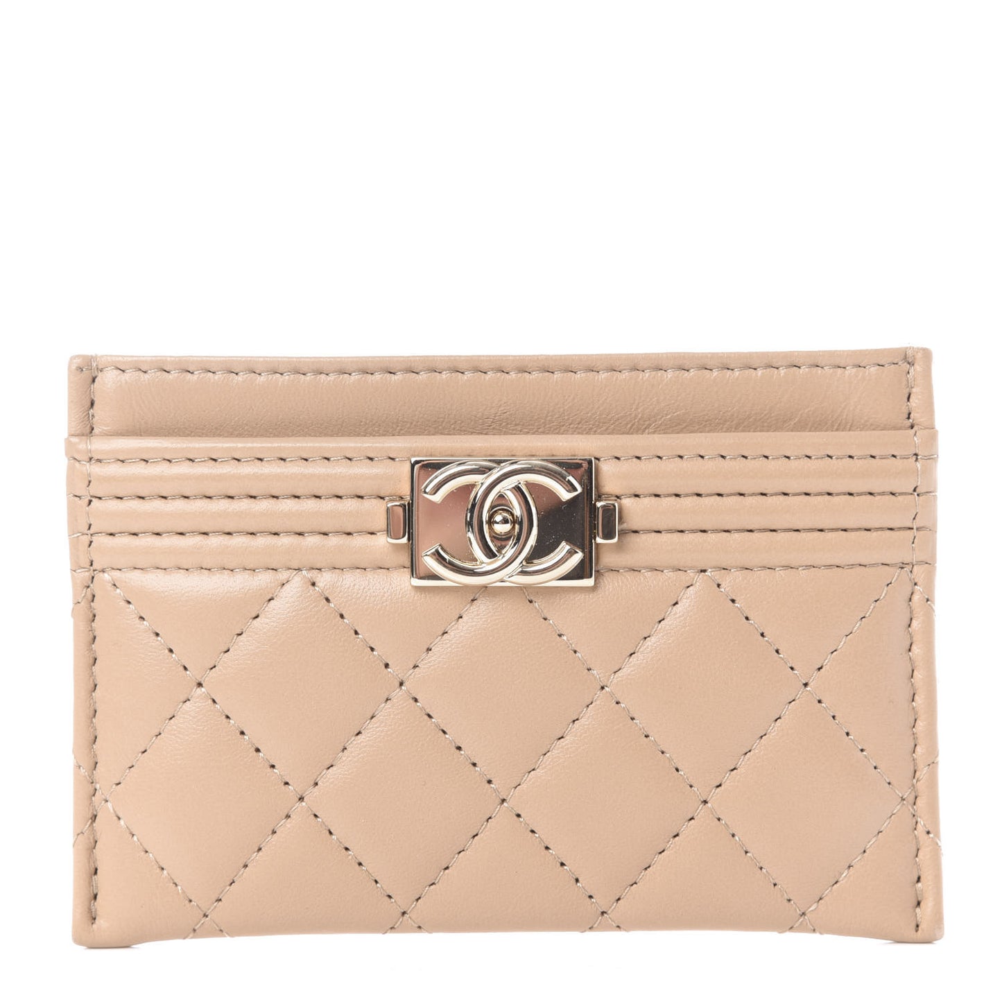 Lambskin Quilted Boy Card Holder Beige