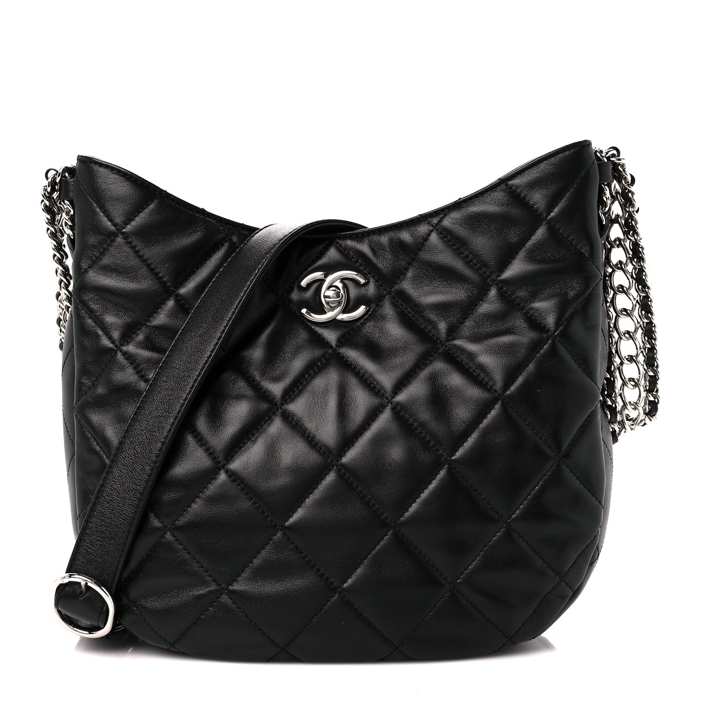 Lambskin Chain Rows Quilted Chain Hobo Black