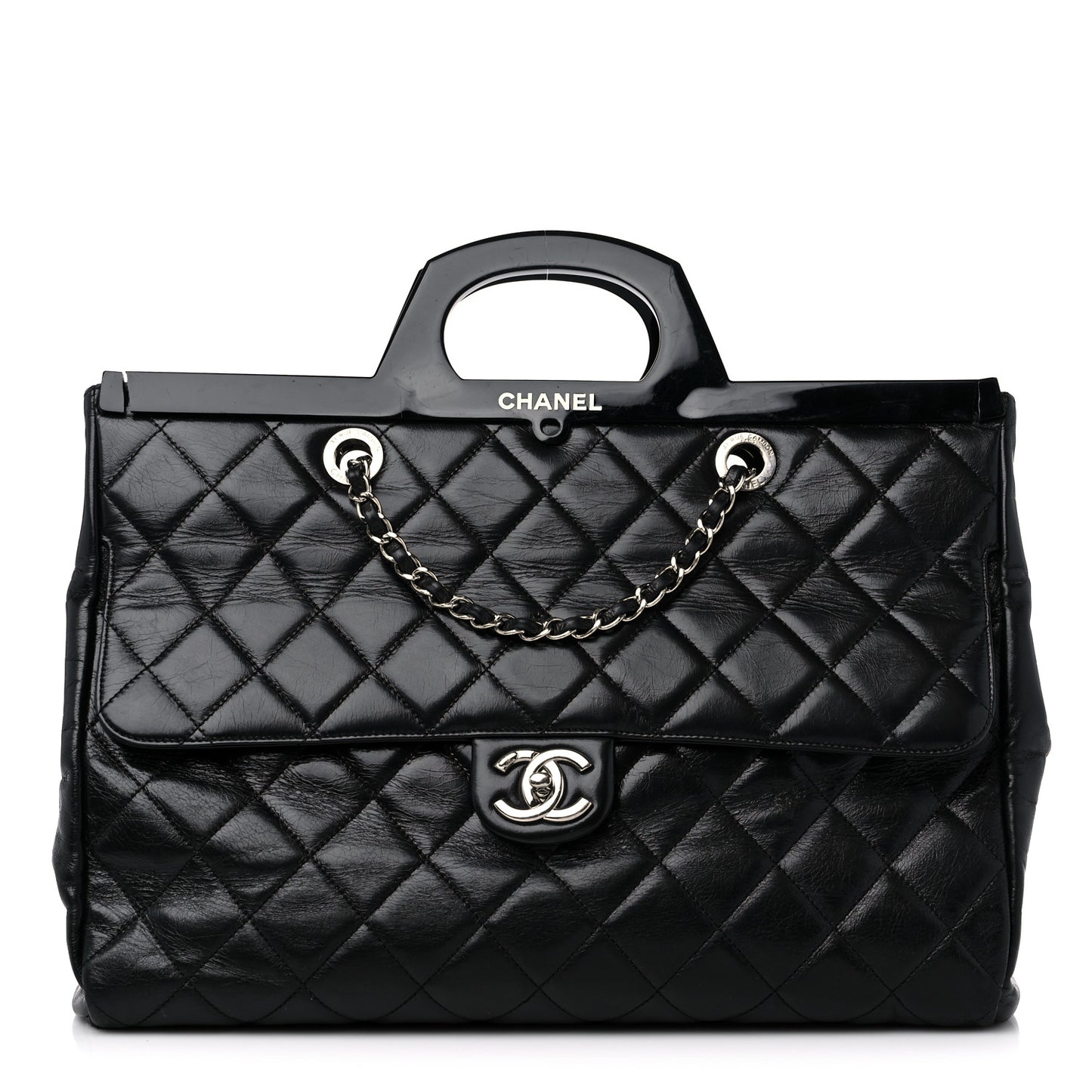 Glazed Calfskin Quilted Large CC Delivery Tote Black