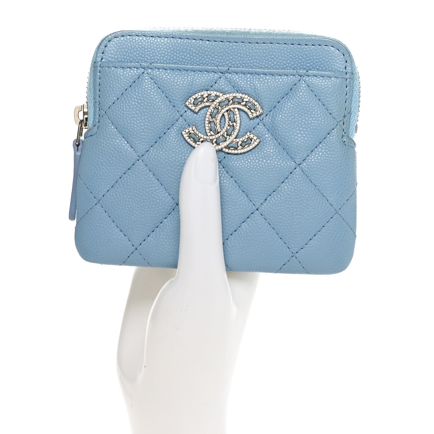 Caviar Quilted Crystal Zip Card Holder Wallet Light Blue