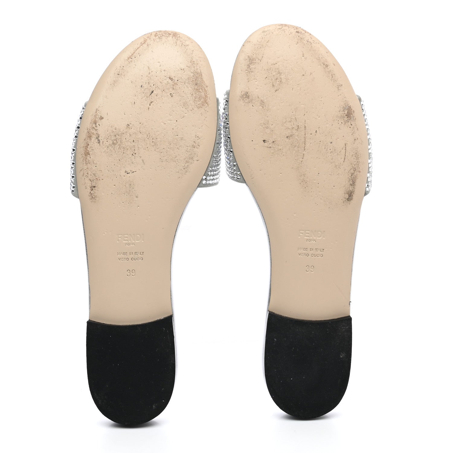 Fendi Laminated Goatskin Baguette Crystal Embroidered Signature Flat Slide Sandals 39 Silver 5 of 11