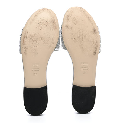 Fendi Laminated Goatskin Baguette Crystal Embroidered Signature Flat Slide Sandals 39 Silver 5 of 11