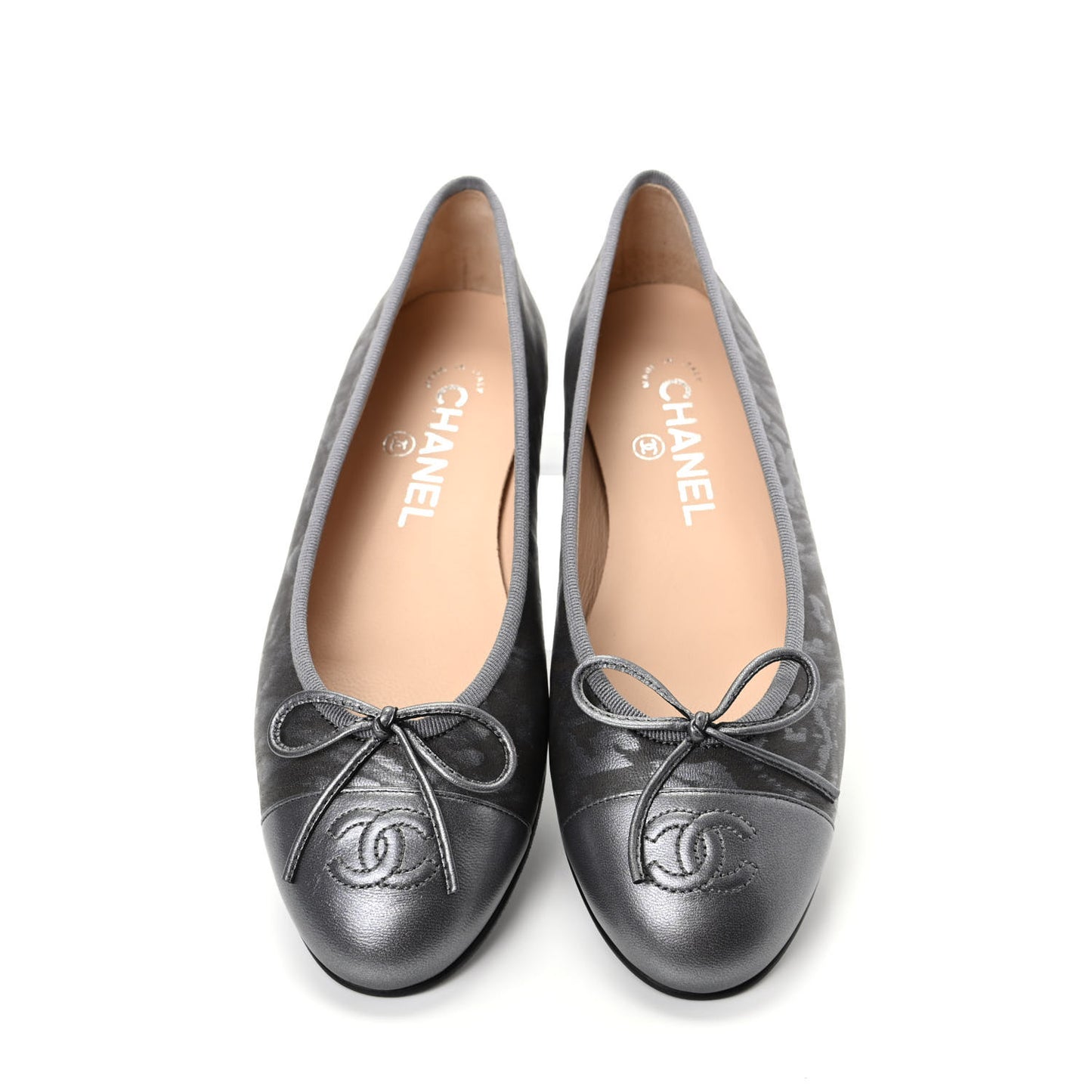 Metallic Lambskin Camellia CC Cap Toe Ballerina Flats 36.5 Dark Grey