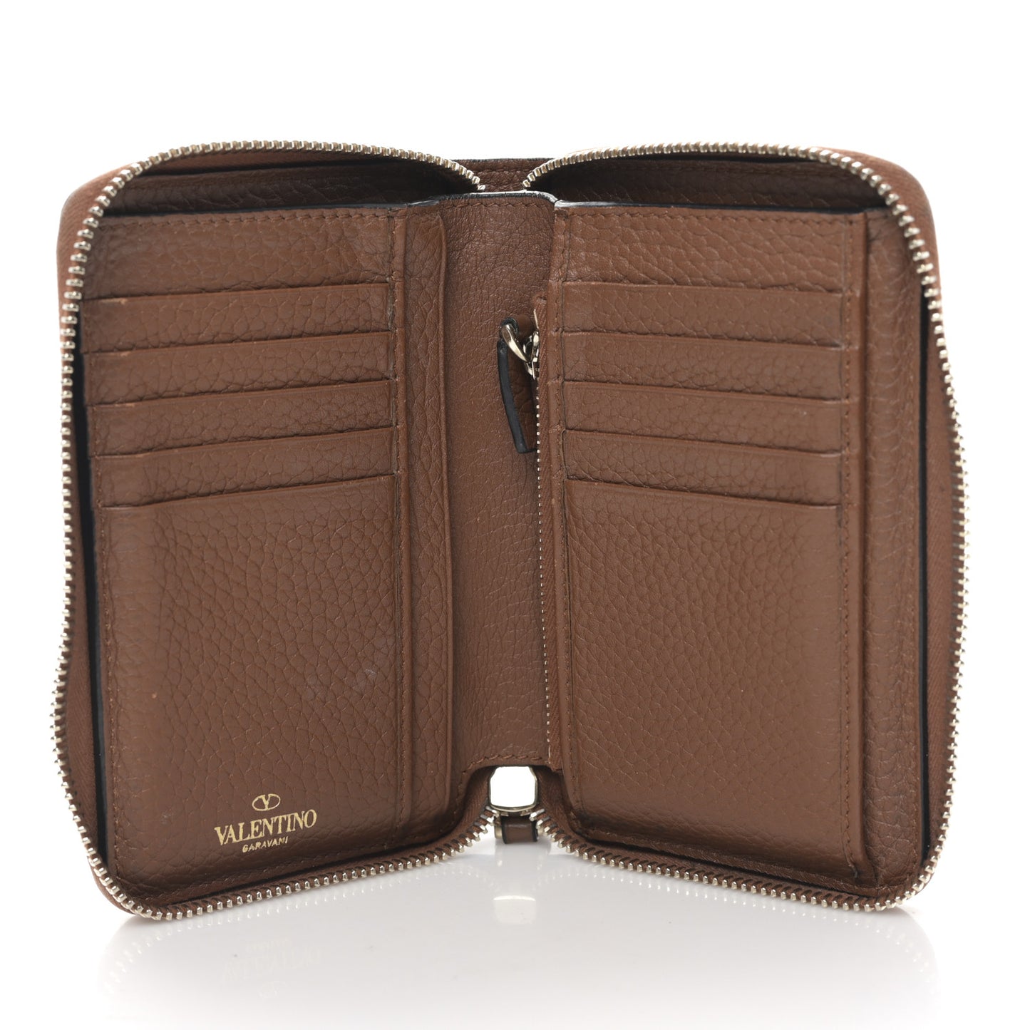 Pebbled Calfskin Rockstud Compact Zip Around Wallet Bright Cognac