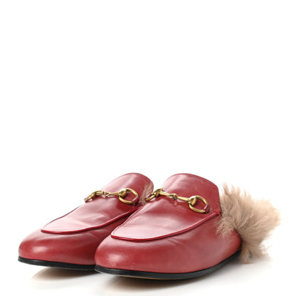 Gucci Betis Glamour Calfskin Fur Womens Princetown Slippers 35.5 Hibiscus Red Naturale 3 of 13
