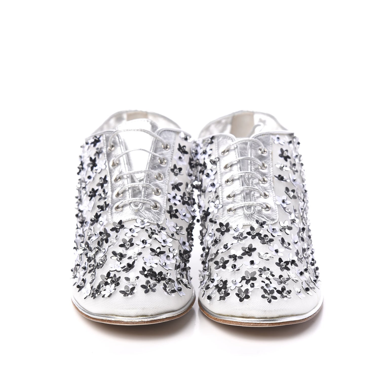 Mesh Sequin Flower Lace Up Loafers 37 Silver