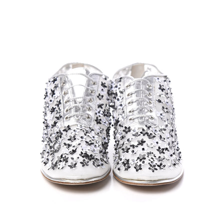 Chanel Mesh Sequin Flower Lace Up Loafers 37 Silver 2 of 9