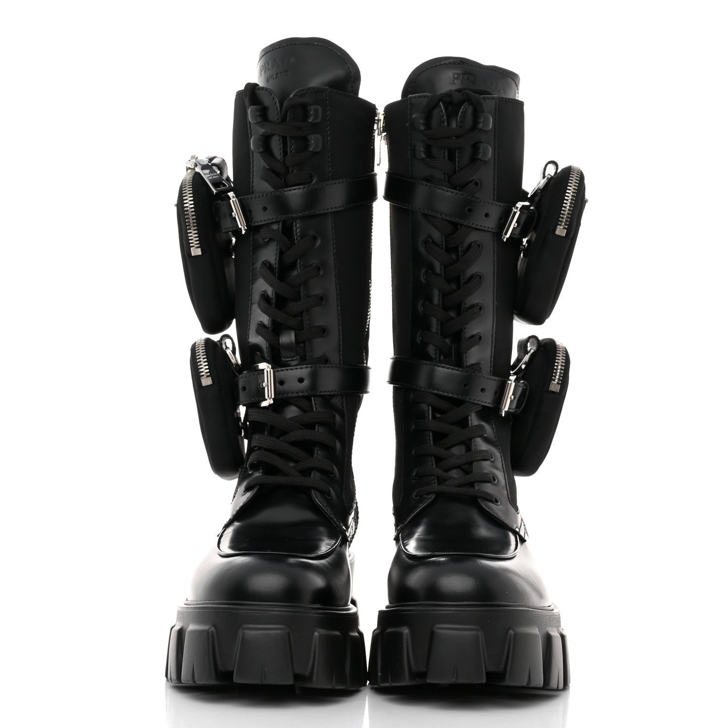 Prada Spazzolato Rois Re-Nylon Metal Triangle Logo Monolith Pouch Pocket 55mm Tall Combat Boots 41 Black 2 of 8