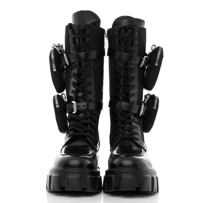 Prada Spazzolato Rois Re-Nylon Metal Triangle Logo Monolith Pouch Pocket 55mm Tall Combat Boots 41 Black 2 of 8