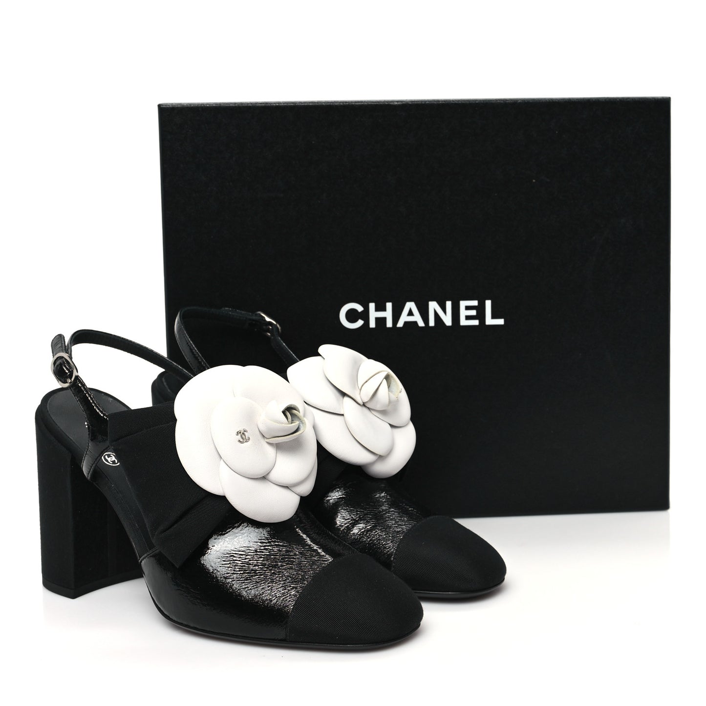 Crumpled Shiny Fabric Grosgrain Cap Toe Camellia Bow Slingback Pumps 38 Black